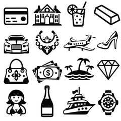 luxury items icon set in black over white, generative ai