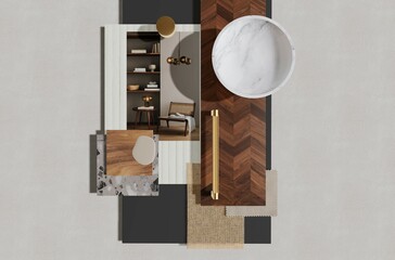 Interior inspiration, Moodboard, top view, Material samples