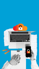 Cloud with padlock on laptop screen and mobile, symbolizing secure cloud services. Online privacy...
