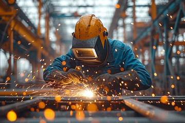 Metal welding steel works using electric arc welding machine to weld steel at factory. Metalwork manufacturing and construction maintenance service by manual skill labor concept.Ai - obrazy, fototapety, plakaty