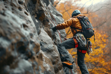 Rock climber on a rocky mountain slope. Fearless male athlete with climbing equipment is engaged in extreme sports. Active lifestyle.