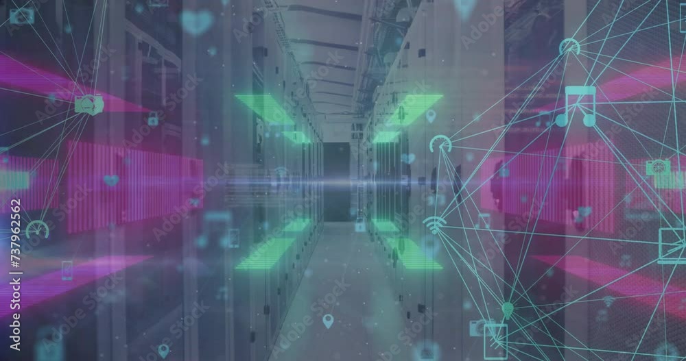 Poster animation of icons and digital data processing over computer servers