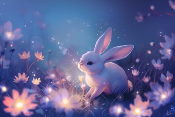Jackalope hopping around a garden blooming with luminescent flowers