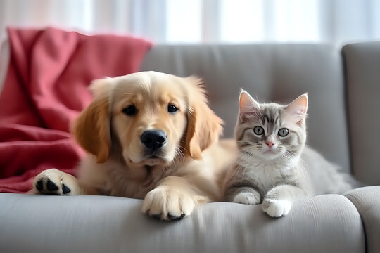 A charming golden retriever puppy and a gray tabby kitten lounging together on a couch, capturing a moment of adorable animal friendship. Perfect for pet care, family, and home comfort themes.