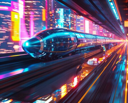 A hyperloop train speeding through a futuristic neon metropolis