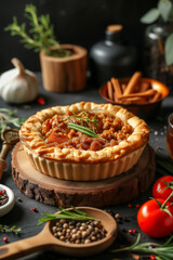 Baked open meat pie with ground pork, onions, spices, and a pastry crust. Canadian popular dish - obrazy, fototapety, plakaty