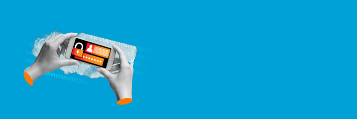 Human hand using mobile phone with password and padlock on screen over binary code. Security of personal information in Internet. Concept of cybersecurity, modern technologies, data, business