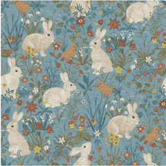 Lawn. Seamless pattern. Vintage vector illustration. White Bunnies are among the flowers. Blue - 737963958