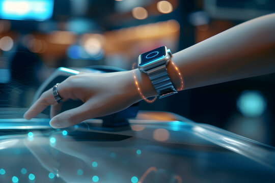 Contactless payment concept - closeup of a wearable on hand