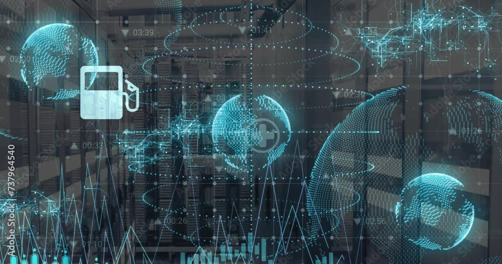 Poster animation of icons and digital data processing over computer servers