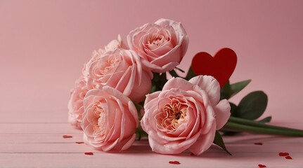 Bouquet of pink roses and hearts on pink wooden table, closeup