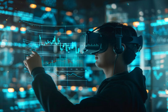 Male wearing vr glasses navigates through a 3D financial data visualization - Powered by Adobe