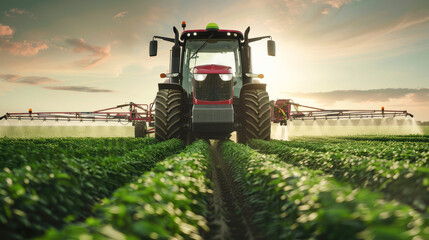 Tractor spraying a field close-up
