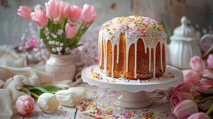 Luxury Easter paska on pink flower aesthetic background. Culinary and religion concept. For Easter celebration. Food photo for wallpaper, banner, poster, card