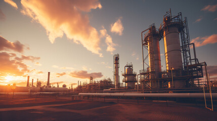 Natural gas processing site during sunset.