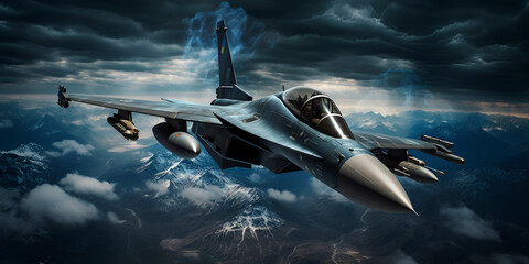 
Fighter jet fighter in the sky. A fighter jet flies over a mountain range.
 - obrazy, fototapety, plakaty