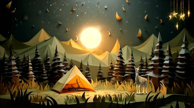 Decoration of campsite in paper art style with a deer. Seamless looping time-lapse 4k video animation background
