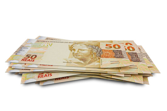 3D rendering of Stacks of Brazilian Money 50 Reais Banknotes