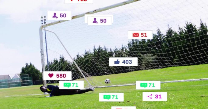 Animation of digital data processing over african american football goal keeper on field