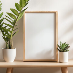 Aesthetic wooden photo frame on a white wall and green plant