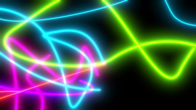 Animation of drawing neon curved lines on black screen. Stock futuristic video for light overlay. Fantastic background with rainbow garlands movement in 4K.