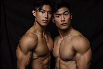 two muscular young asian gay men, athletic couple detailed facial features
