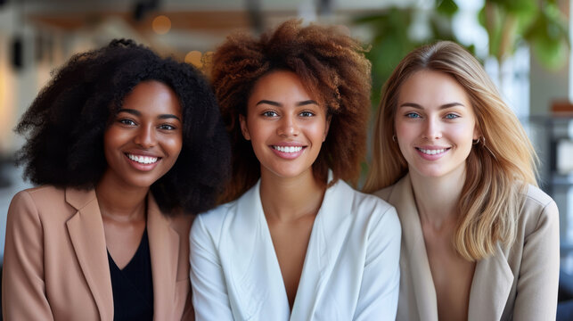 Close-up portrait of three diverse young business women wearing formal wear in bright office. Multiethnic colleagues looking at camera with cheerful smiles. Diversity in business.