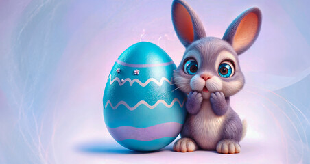 Easter bunny with blue painted egg on a blue background. 3d rendering