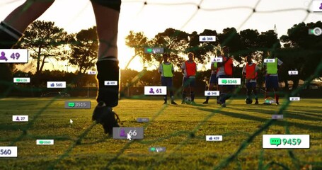 Animation of digital data processing over diverse football players on field - Powered by Adobe
