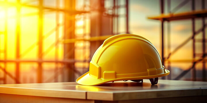 Construction site background with worker helmet, labor day background.