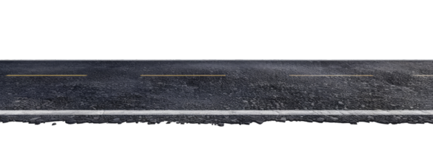 Straight asphalt road isolated on transparent background, side view