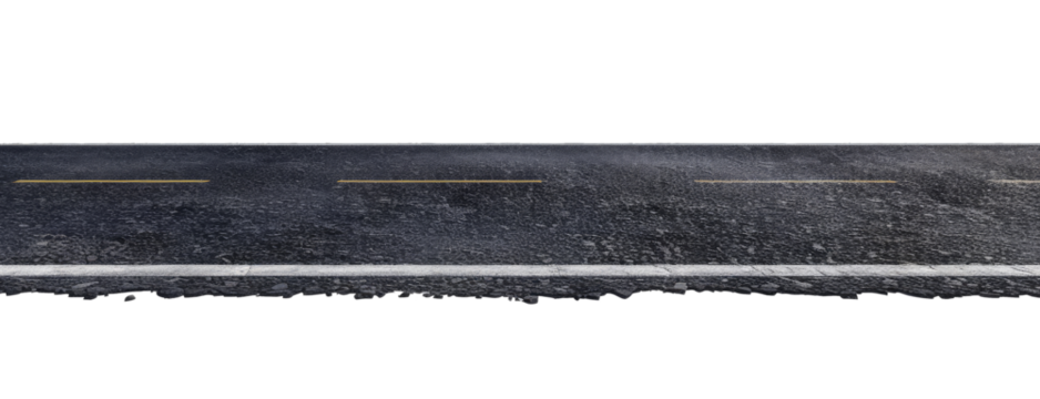 Straight asphalt road isolated on transparent background, side view