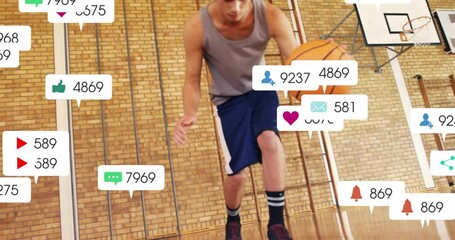 Animation of digital data processing over caucasian basketball player - Powered by Adobe