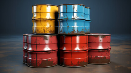 Old chemical barrels stack. Blue and red oil drums. - obrazy, fototapety, plakaty