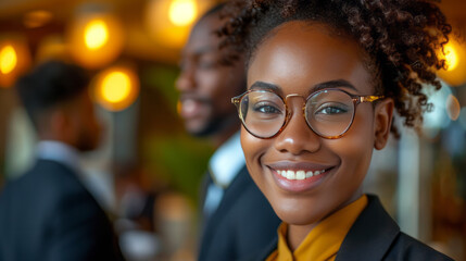 Close-up portrait of cheerful African American businesswoman in bright office. Attractive dark skinned female office worker with confident smile. Diversity in business.