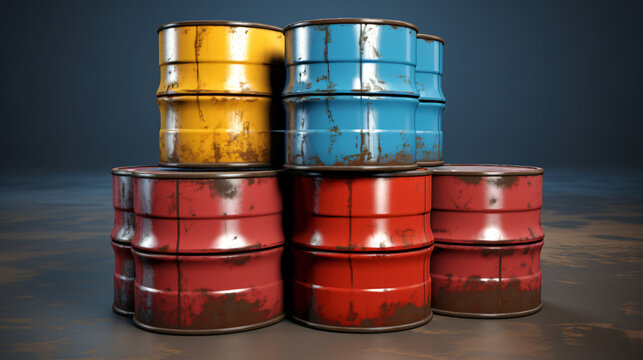 Old chemical barrels stack. Blue and red oil drums.
