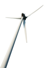 Close up of a wind turbine view from below, isolated on transparent background, png file
