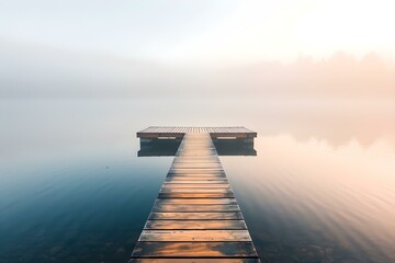 Serene lake dock at sunrise enveloped in mist perfect for relaxation. Concept Misty Morning Oasis, Serene Sunrise Retreat, Tranquil Lake Dock, Relaxation Haven, Enveloped in Mist - obrazy, fototapety, plakaty