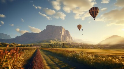 Obraz premium balloons over green mountains, in the sunset light