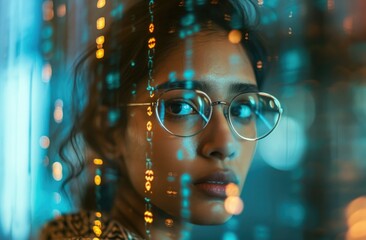 Fototapeta premium Female tech professional immersed in data analysis on computer.