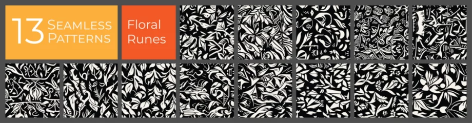Fototapeten Floral runes seamless pattern collection. Black and white abstract vector background set. Ancient flowers deco print pattern. © sunspire