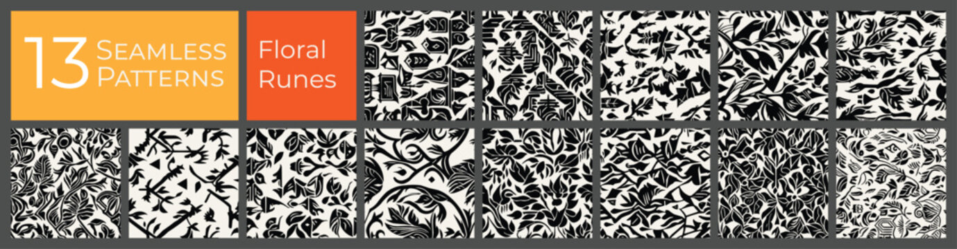 Floral runes seamless pattern collection. Black and white abstract vector background set. Ancient flowers deco print pattern.