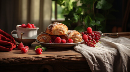 Pastries and raspberries on a table.