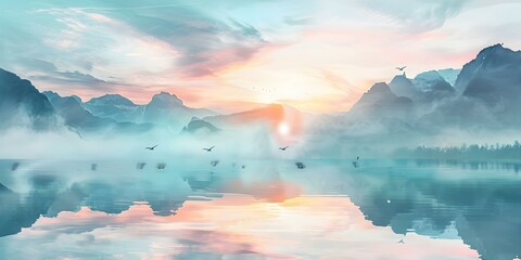 Idyllic watercolor landscape of misty mountains and birds in the sunrise. Concept Misty Mountain Sunrise, Serene Watercolor Landscape, Birds in the Morning Glow
