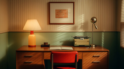 Retro 80's office ambiance, wooden desk, vintage typewriter, ambient lamp glow, perfect for creative focus and nostalgic flair.