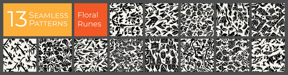 Floral runes seamless pattern collection. Black and white abstract vector background set. Ancient flowers deco print pattern.