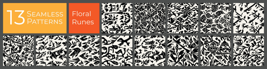 Floral runes seamless pattern collection. Black and white abstract vector background set. Ancient flowers deco print pattern. - 737972385