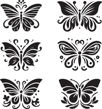 Set of butterflies vector silhouettes for logo, clipart design concept, isolated on a white background