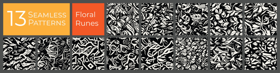 Floral runes seamless pattern collection. Black and white abstract vector background set. Ancient flowers deco print pattern. - 737972546
