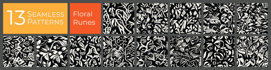 Floral runes seamless pattern collection. Black and white abstract vector background set. Ancient flowers deco print pattern. - 737972596